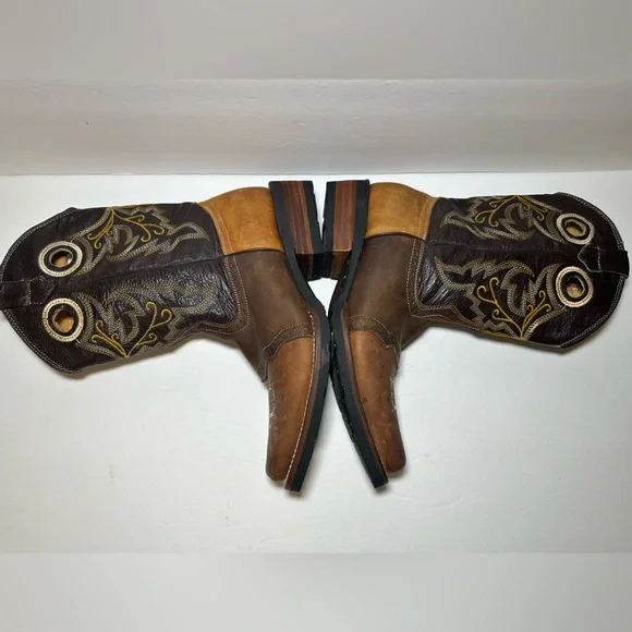 Mens Cowboy Tri-Color Tan Brown Leather Square Toe Rodeo Ranch Western Boots 9.5